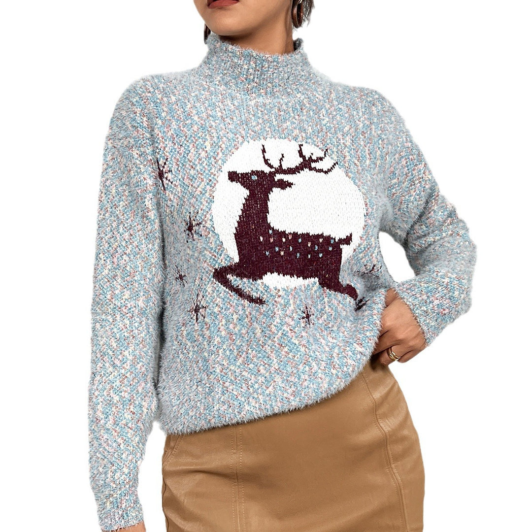 Knitted women's sweater with festive reindeer pattern and high collar Lune London