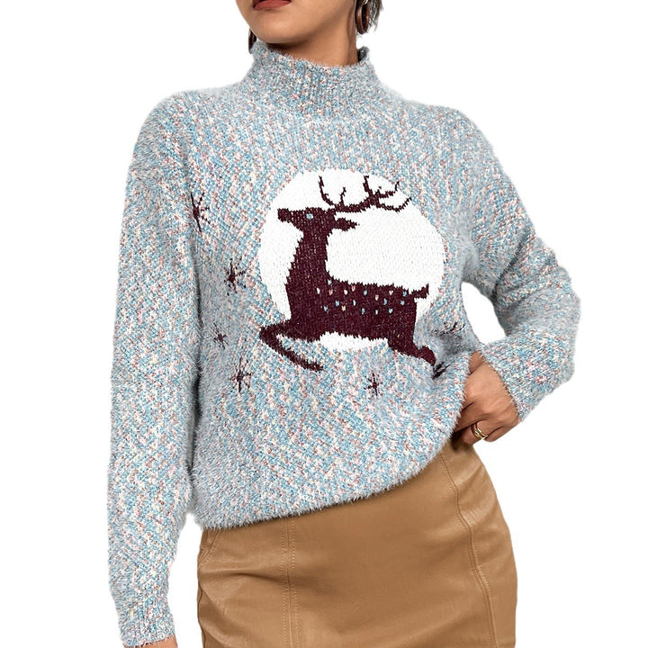 Knitted women's sweater with festive reindeer pattern and high collar Lune London