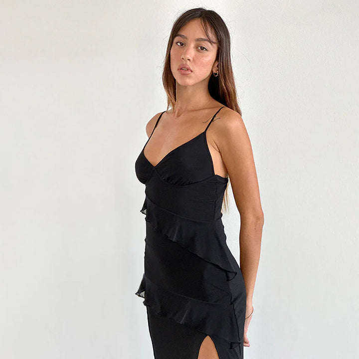 Lune London high slit ruffle midi dress for women