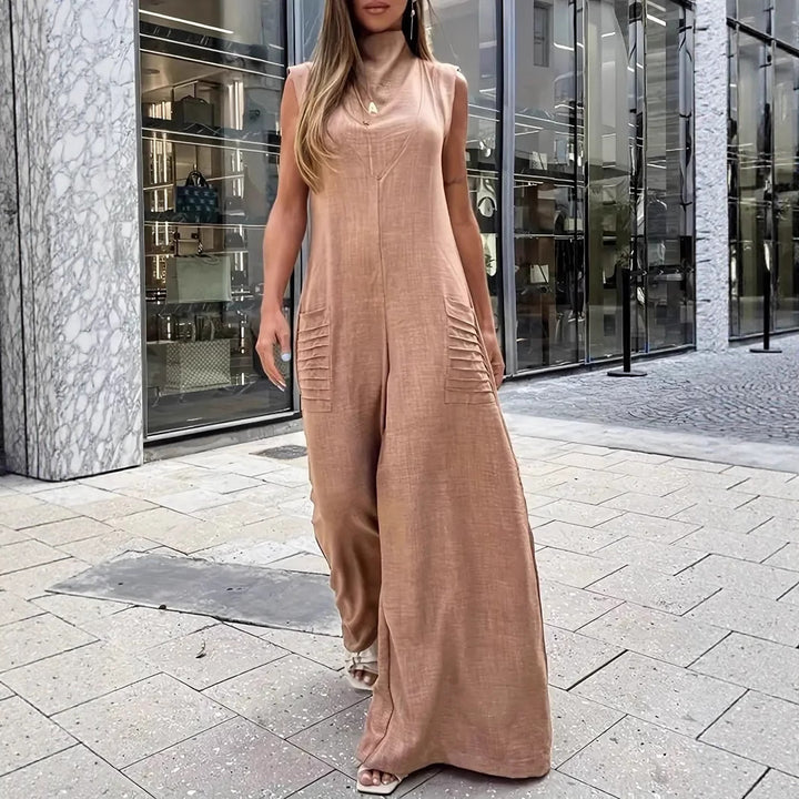 Lune London Women's Airy Maxi Jumpsuit with Decorative Pleats and Side Pockets