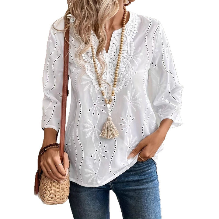 Embroidered blouse for women with an elegant V-neck and 3/4 sleeves Lune London