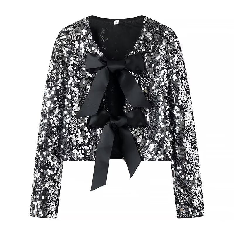 Elegant evening jacket in Lurex for women with ruffles and pretty bows Lune London