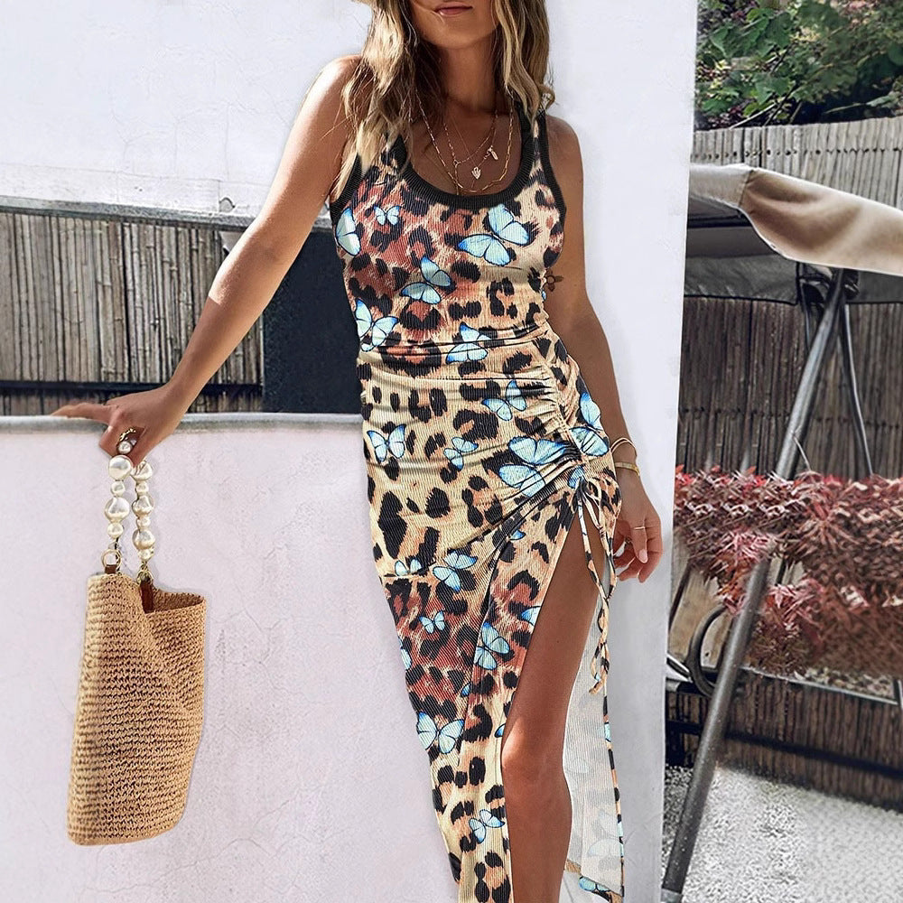 Maxi dress for women with side slit and butterfly print Lune London