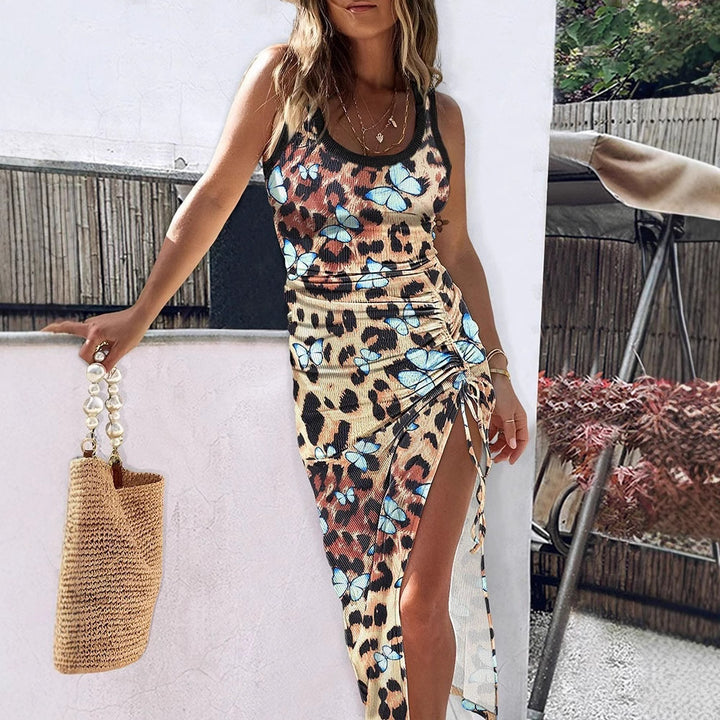 Maxi dress for women with side slit and butterfly print Lune London