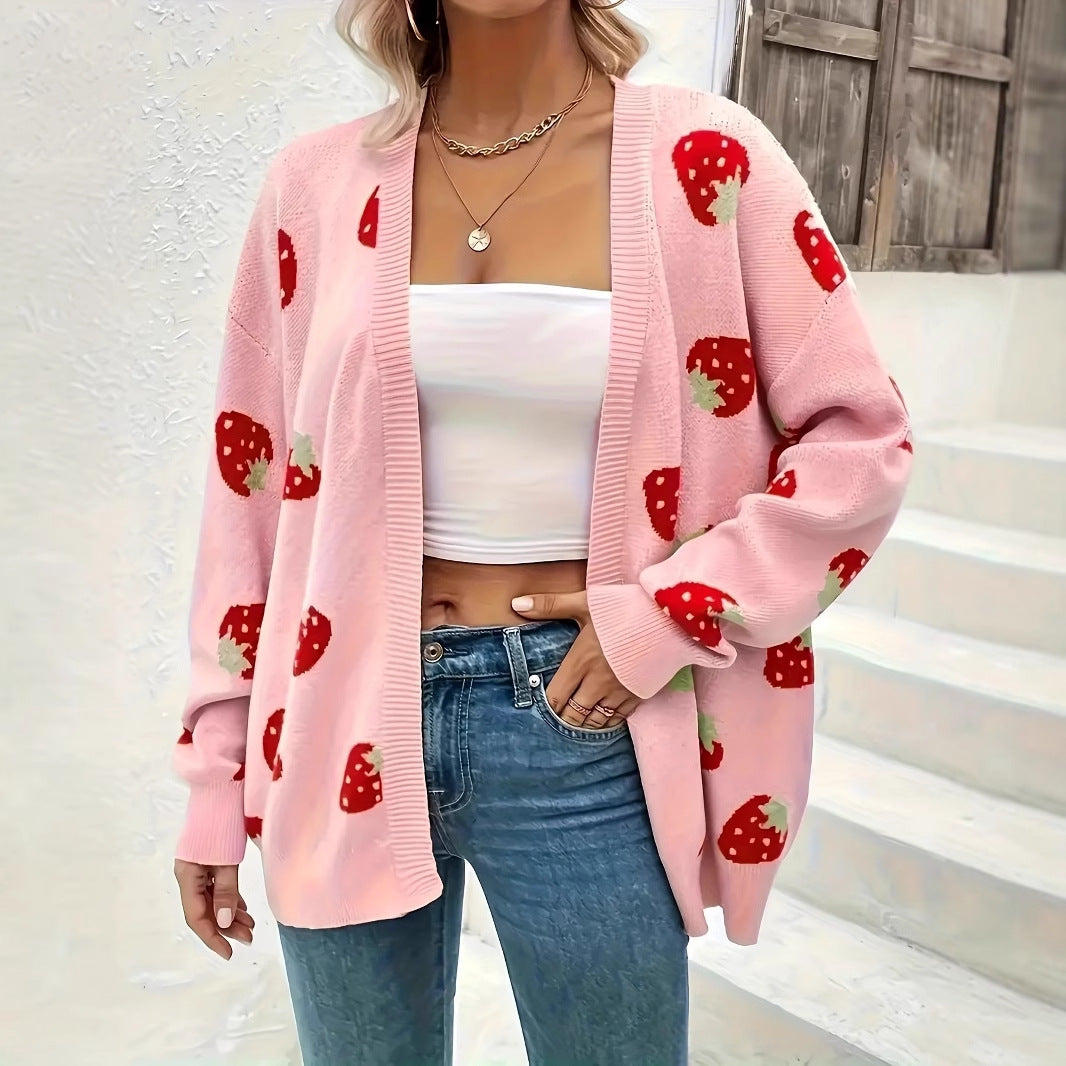 Knit jacket for women with a cheerful strawberry pattern and a soft material Lune London