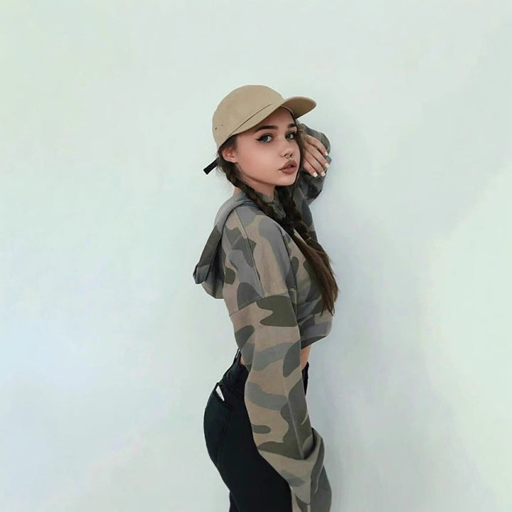 Cropped hoodie sweat top for women with modern camouflage design Lune London