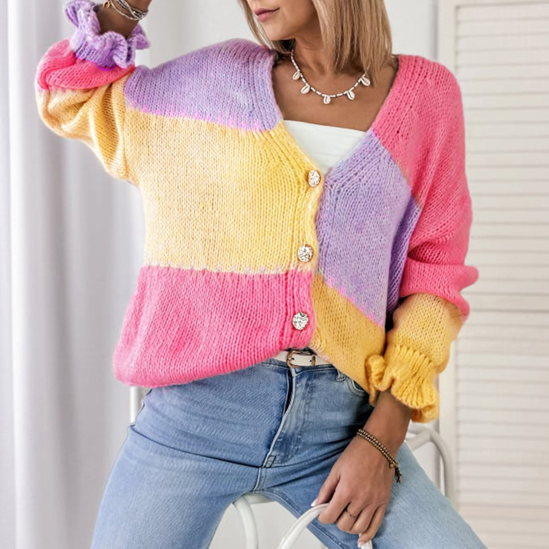 Oversized fashionable cardigan for women with colorful striped pattern and voluminous sleeves Lune London