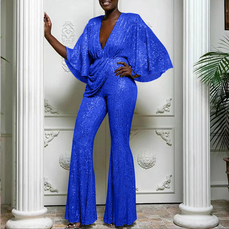 Women Glamorous Jumpsuit with Sparkling Sequins and Wide Leg Lune London