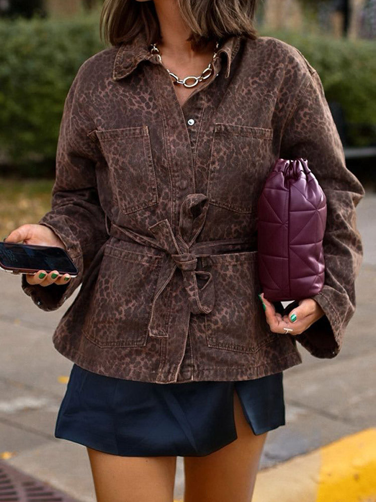 Trendy denim jacket for women with leopard design belt Lune London