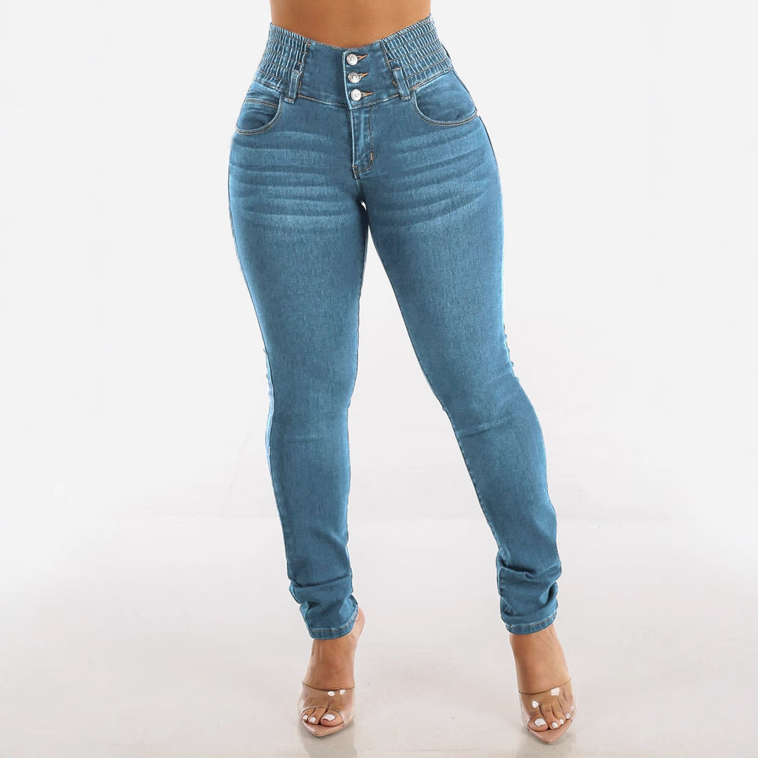 Jeans skinny taille haute pour femmes avec ceinture élastique et boutons décoratifs Chic & Stil