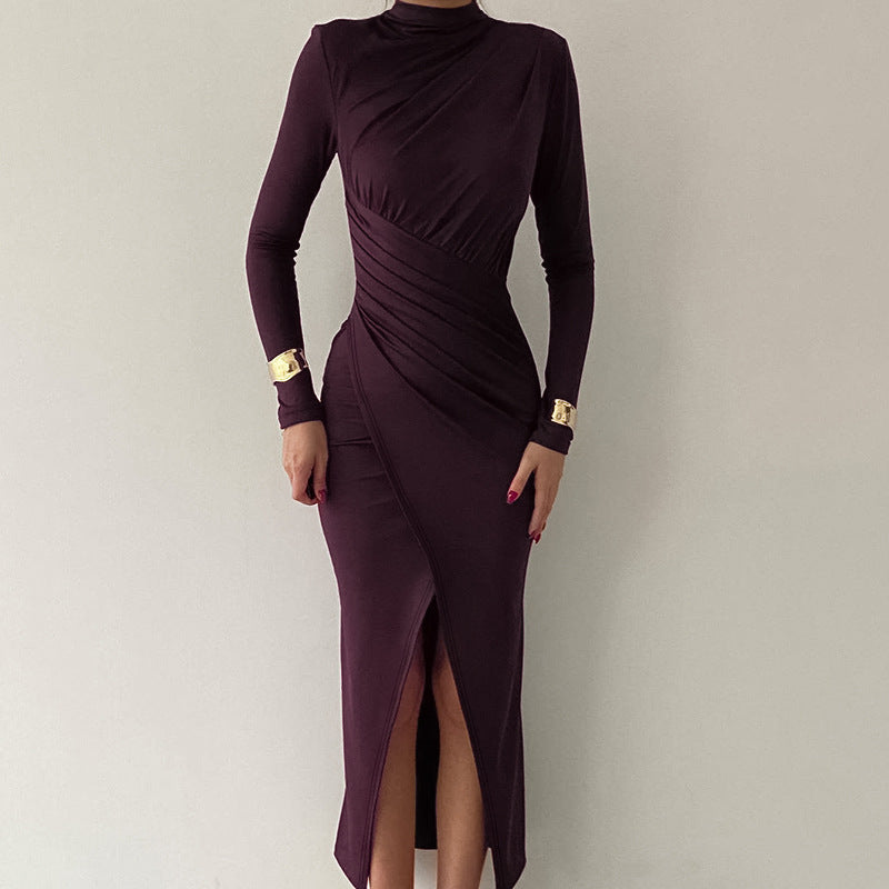 Long sleeve maxi dress for women with an elegant draped detail and a high collar Lune London