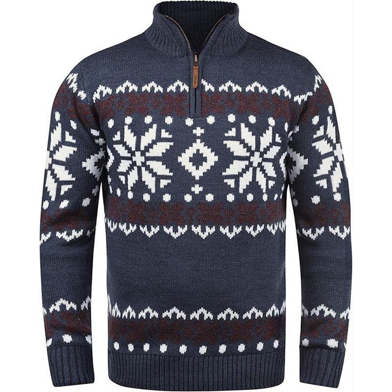 Men's knitted sweater with half zipper and chic Christmas pattern