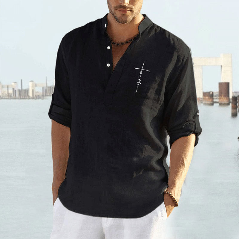 Casual linen shirt for men with a short stand collar and decorative button closure Lune London