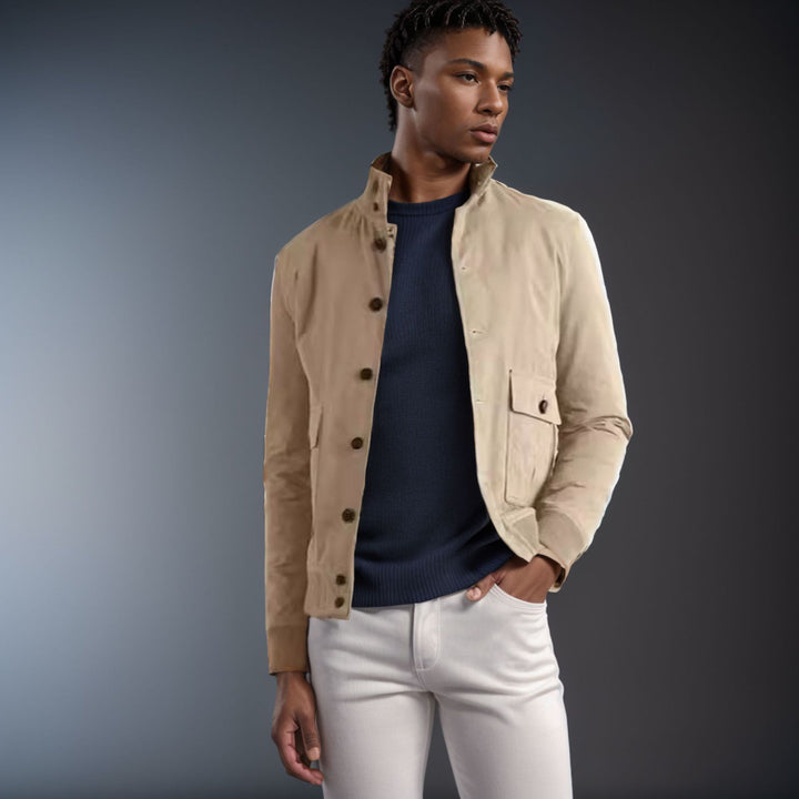 Functional utility jacket for men with high collar and flap pockets Lune London