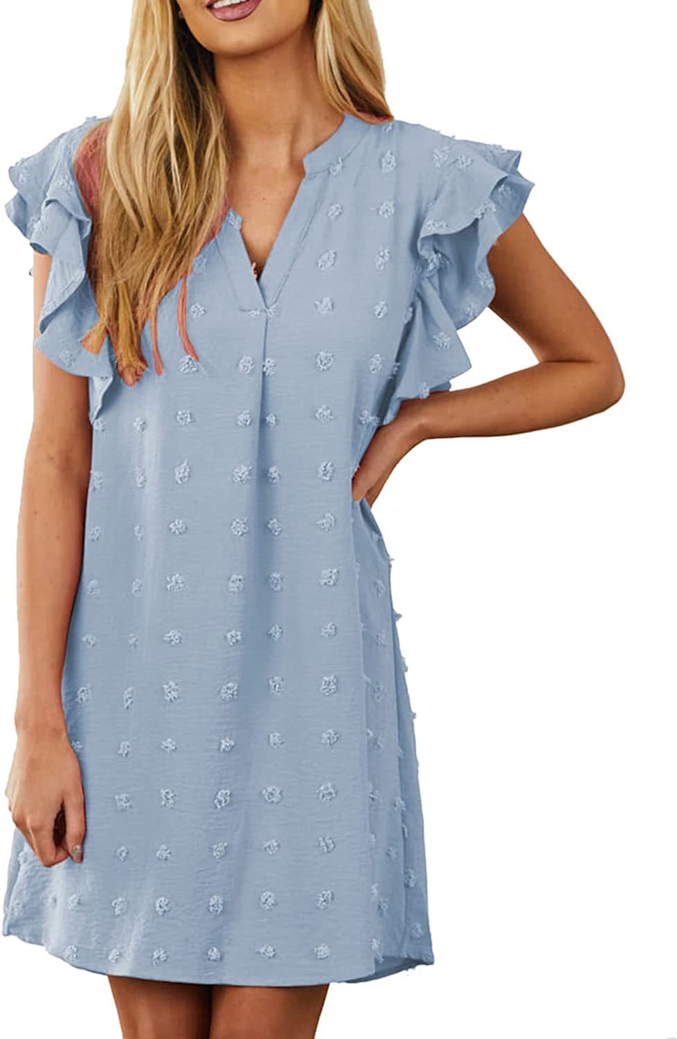 Chic and Stylish Women’s V Neck Shift Dress with Ruffle Sleeves