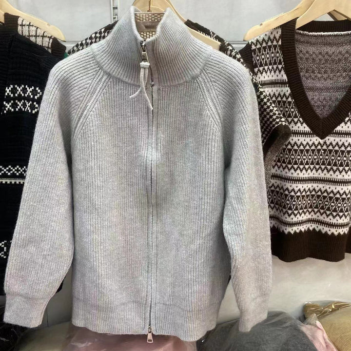 Knitted jacket for women with high collar embellishment and zipper Lune London