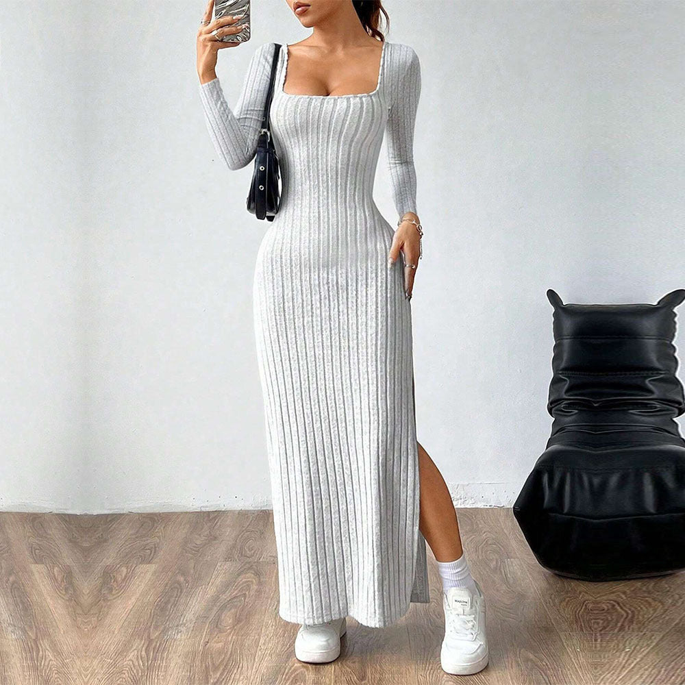 Robe Maxi Femme avec Tricot Côtelé Élégant et Fente Chic Chic & Stil
