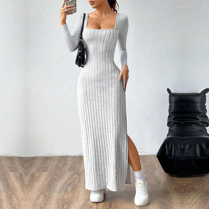Robe Maxi Femme avec Tricot Côtelé Élégant et Fente Chic Chic & Stil