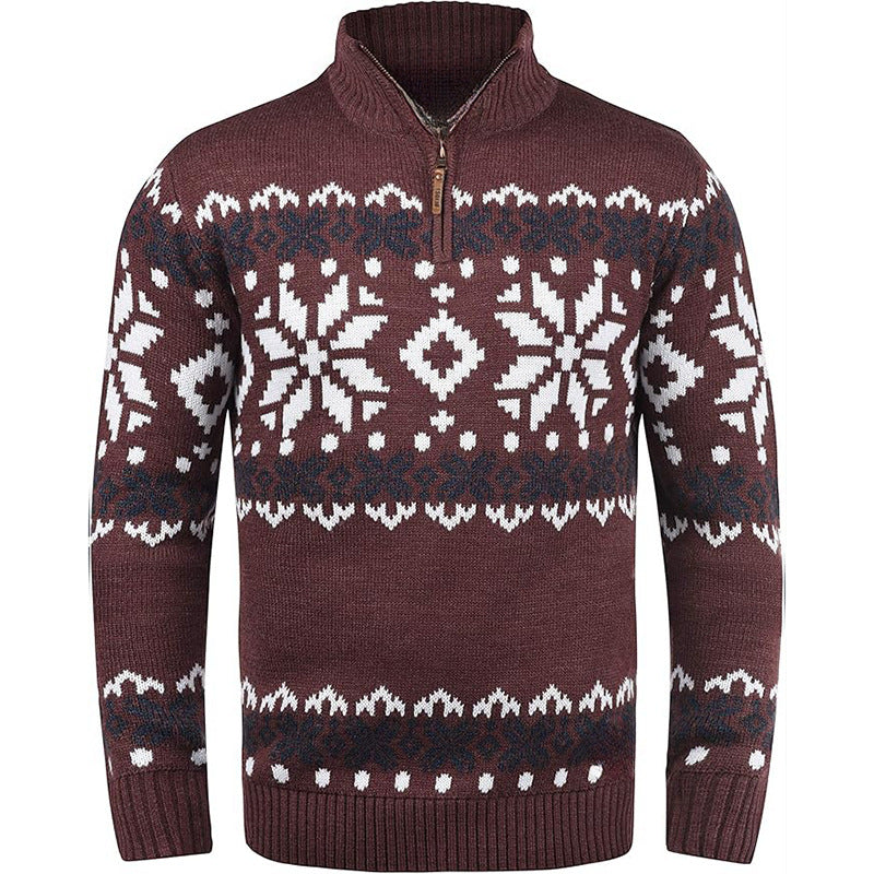 Men's knitted sweater with half zipper and chic Christmas pattern