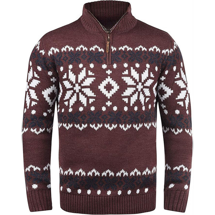 Men's knitted sweater with half zipper and chic Christmas pattern