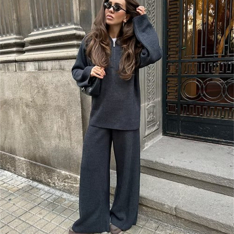 Comfortable knitted loungewear set for women with hood and wide legs Lune London