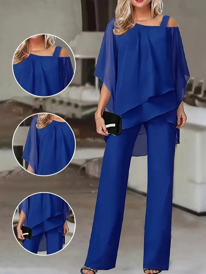 Ladies Elegant Two Piece Set with Fluid Top and Chic Flared Pants