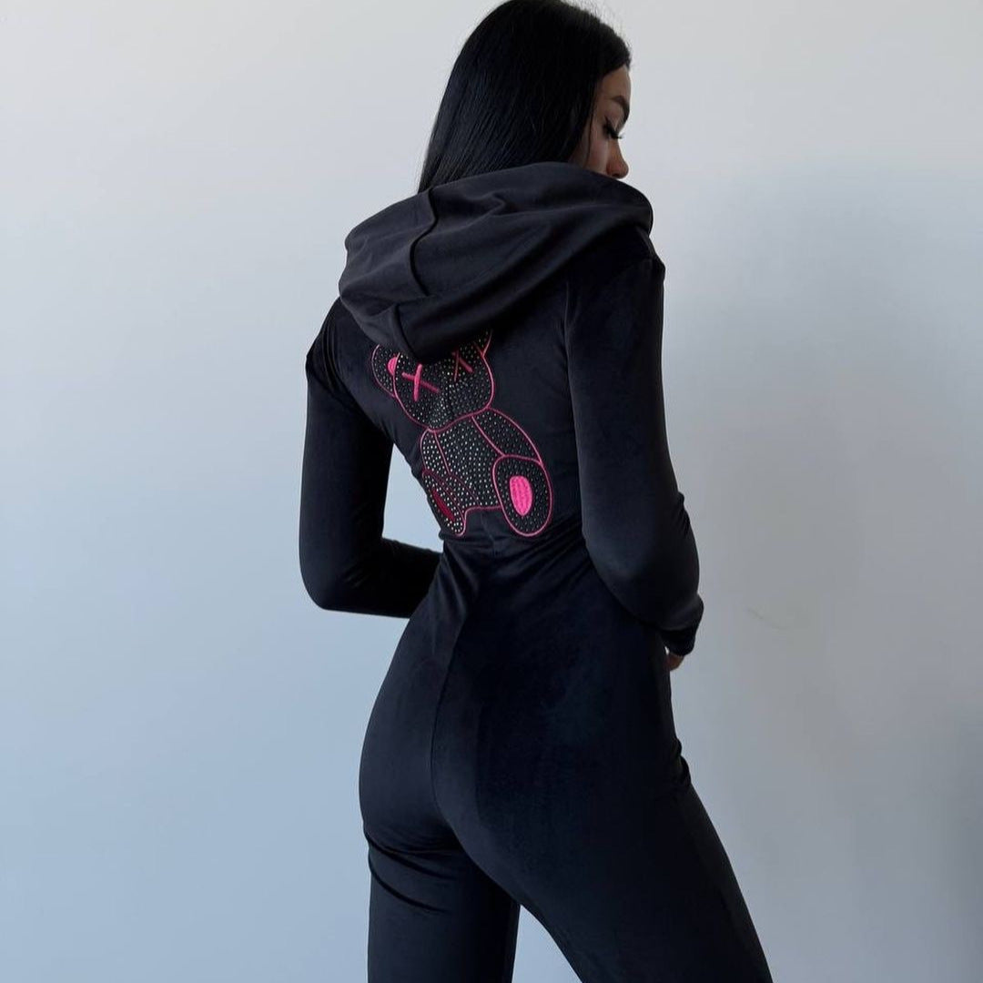Hooded dress for women with sparkling bear pattern and fitted cut Lune London