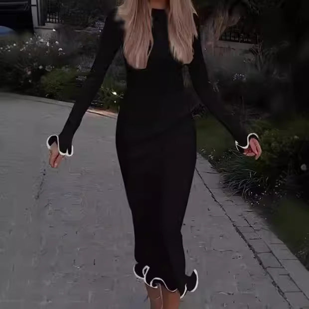 Ladies Elegant Midi Dress with Long Sleeves and Playful Chic Hem and Style