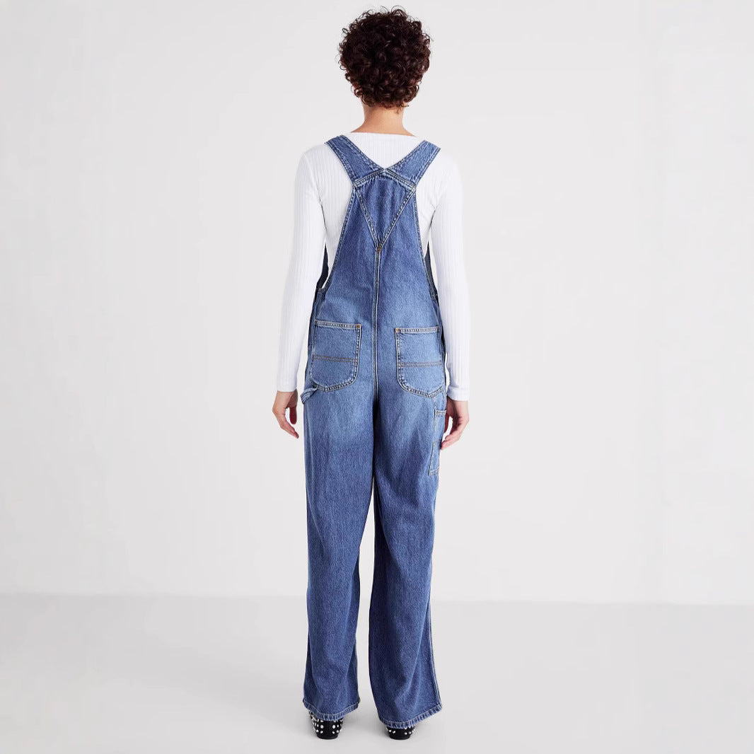 Ladies denim overalls with wide legs and adjustable straps Lune London