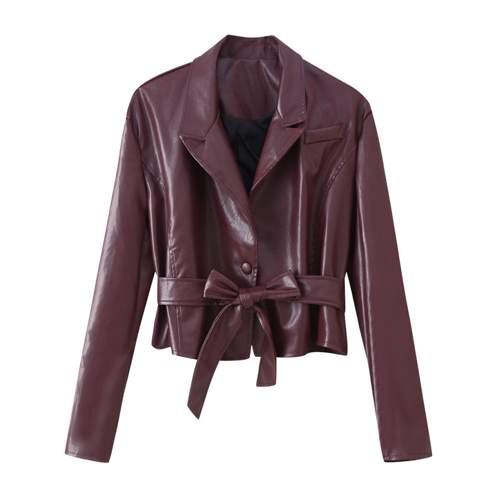 Blazer en cuir synthétique pour femme avec coupe ajustée et ceinture à nouer élégante Chic & Stil