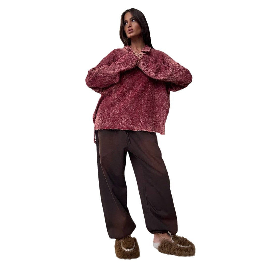 Casual oversized sweater for women with ruffled hem and V-neck Lune London
