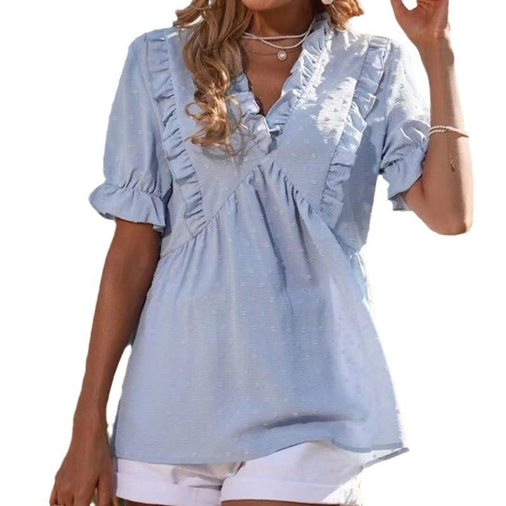 Elegant summer top for women with ruffle details and chic V-neck style