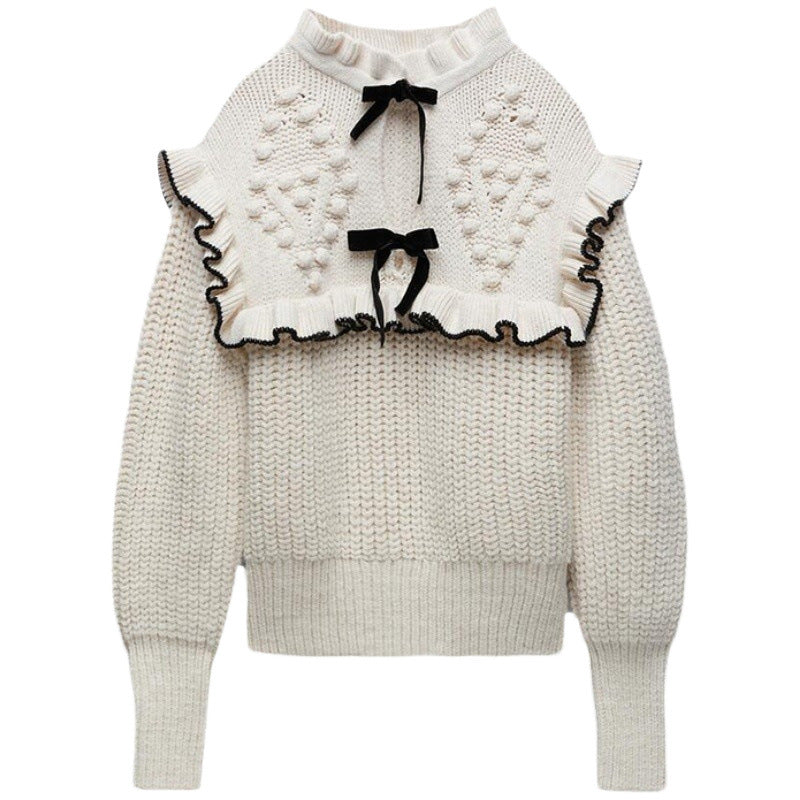 Knitted sweater for women with ruffled collar and decorative bows Lune London