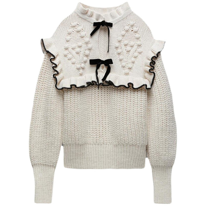 Knitted sweater for women with ruffled collar and decorative bows Lune London