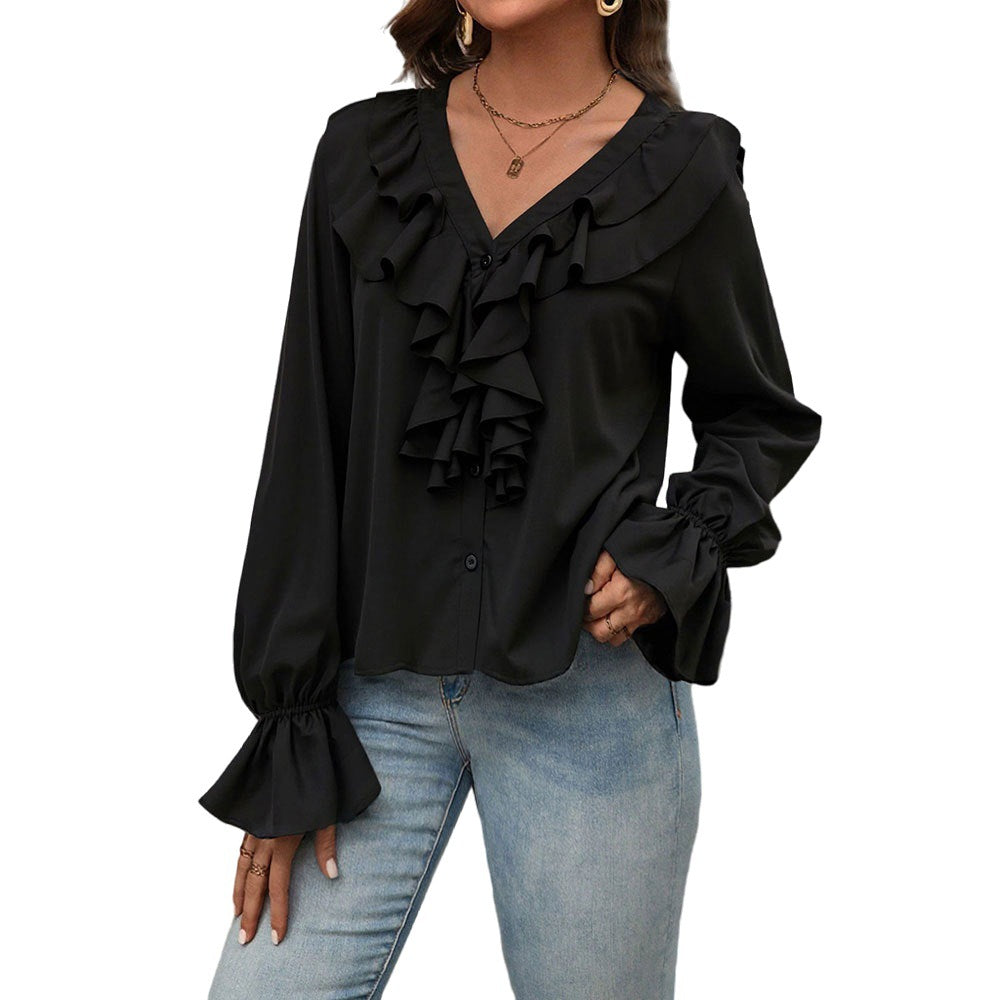 Blouse for women with elegant ruffle details and a chic V neck Chic & Stil