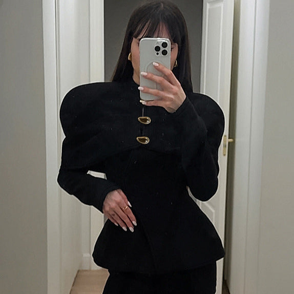 Trendy blazer jacket for women with asymmetric cut and golden button details Lune London