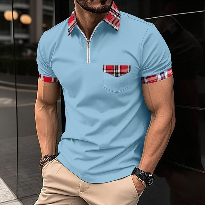 Men's modern half-zip polo with chic and stylish check detail