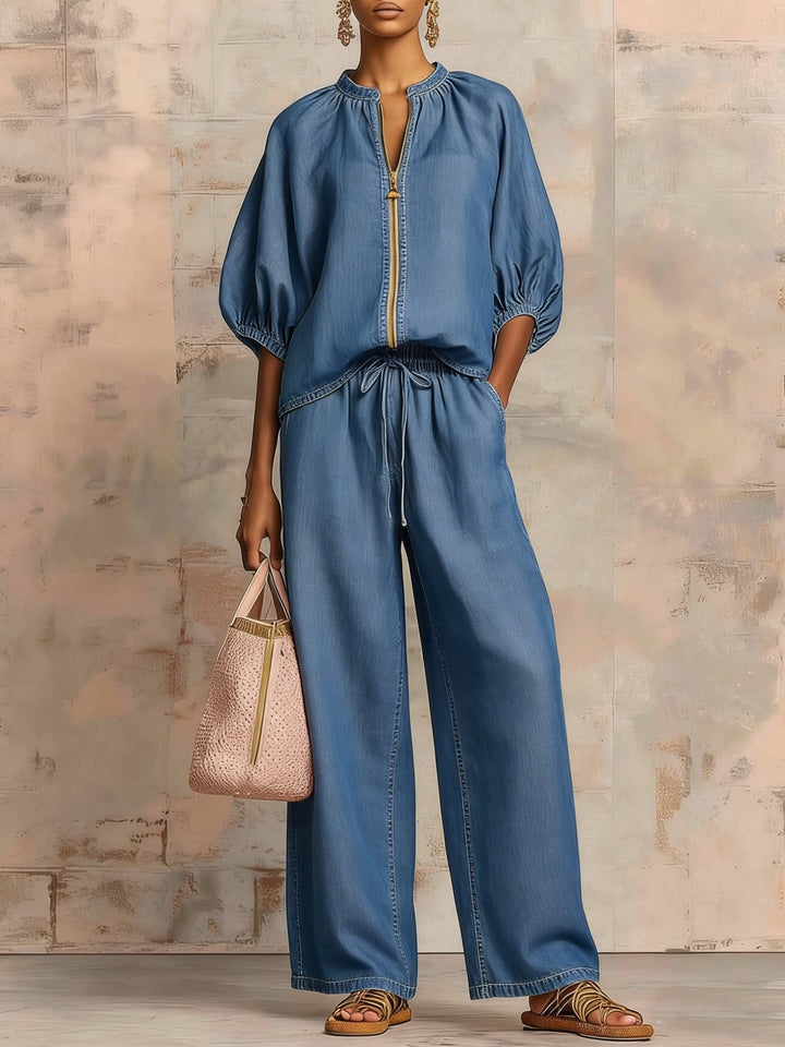 Ladies Airy Two-Piece with Modern Collar and Zipper Lune London