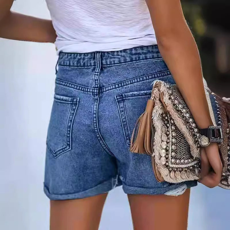 Women's Summery Destroyed Denim Shorts with Rolled Hem Lune London