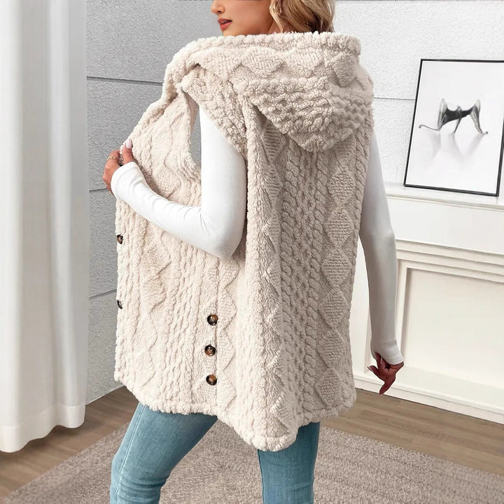 Ladies cozy knit vest with hood and button closure Lune London