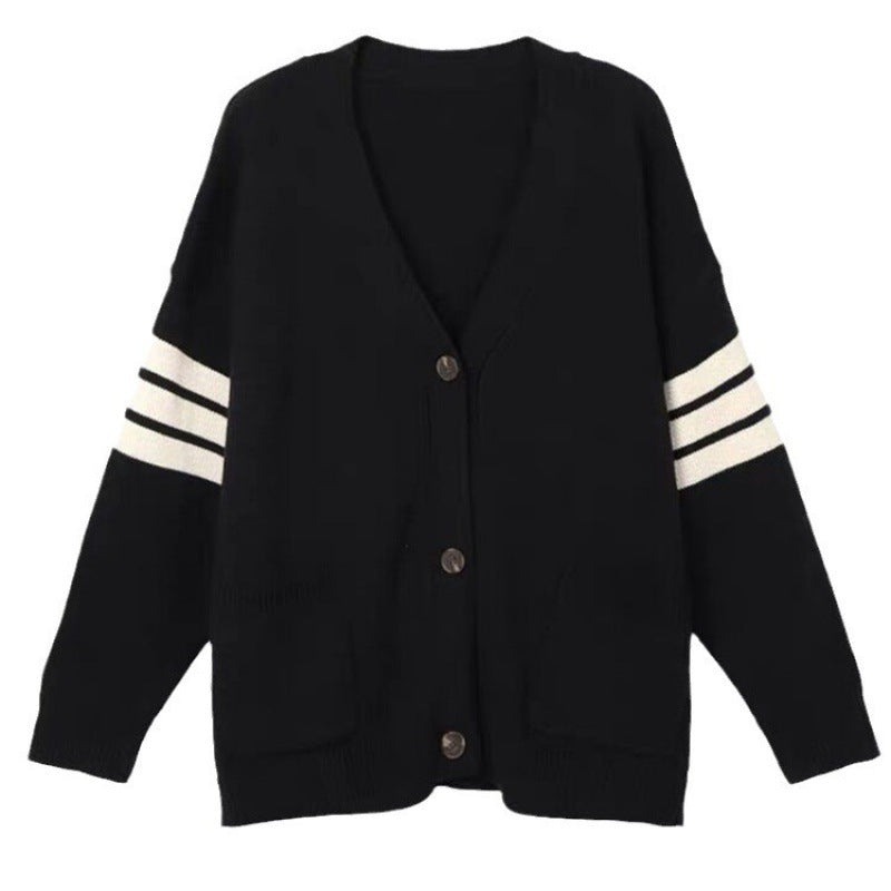 Cardigan tricoté pour femme avec poches décontractées et rayures contrastantes Chic & Stil