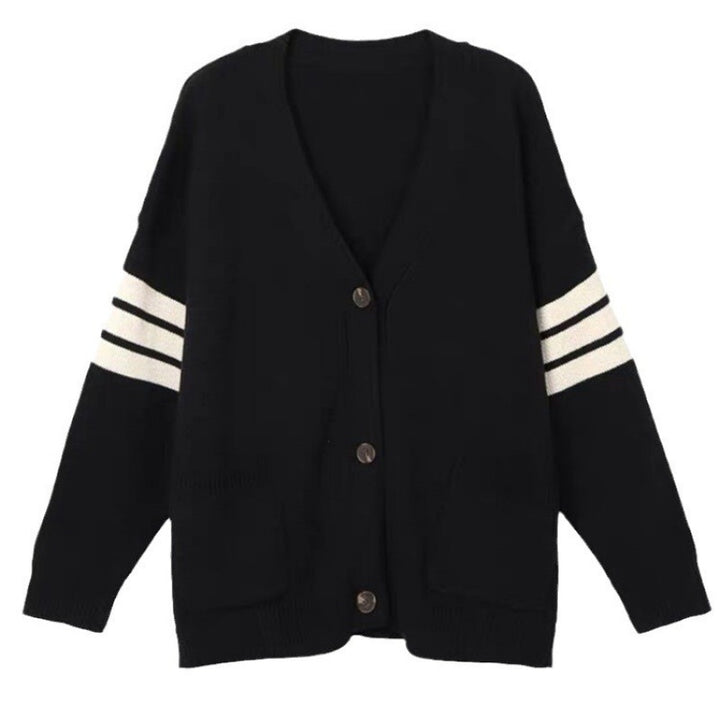 Cardigan tricoté pour femme avec poches décontractées et rayures contrastantes Chic & Stil