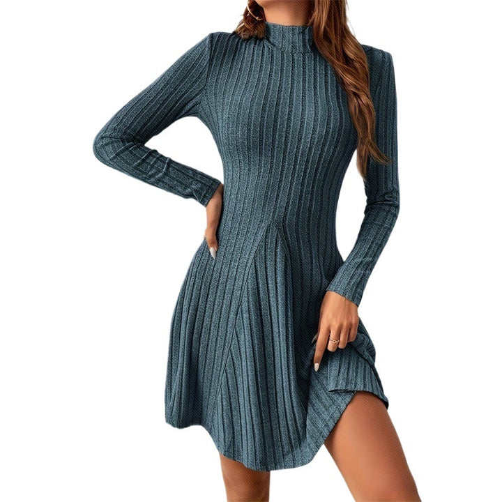 Women Elegant Knit Dress with High Collar and Asymmetrical Cut Lune London