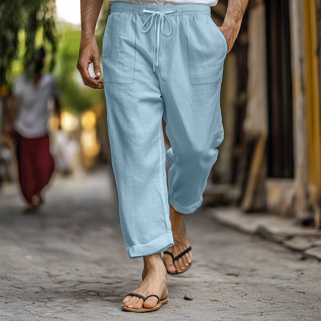 Casual and lightweight linen pants for men with elastic waist and practical side pockets Lune London