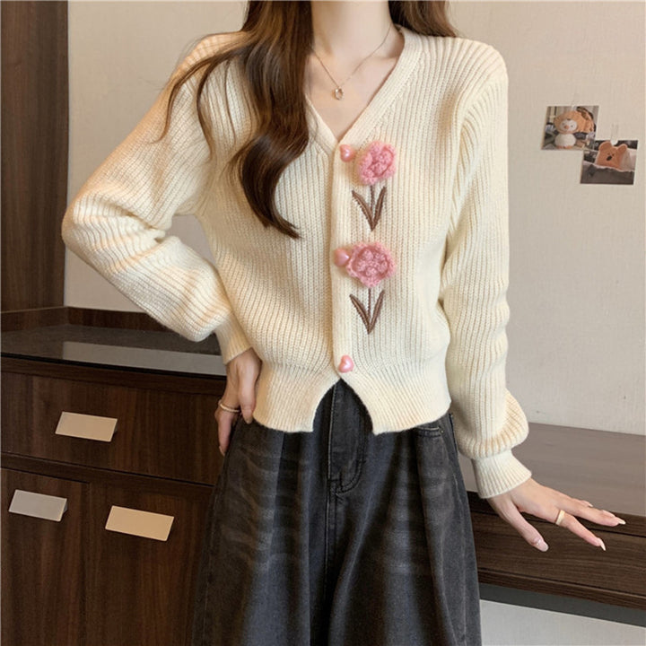 Knitted jacket for women with floral appliqués and V-neck Lune London