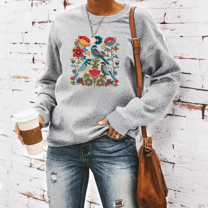 Sweatshirt pour femme avec motif floral d'oiseau et coupe décontractée Chic & Stil