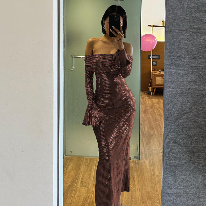 Lune London off-shoulder sparkling evening dress