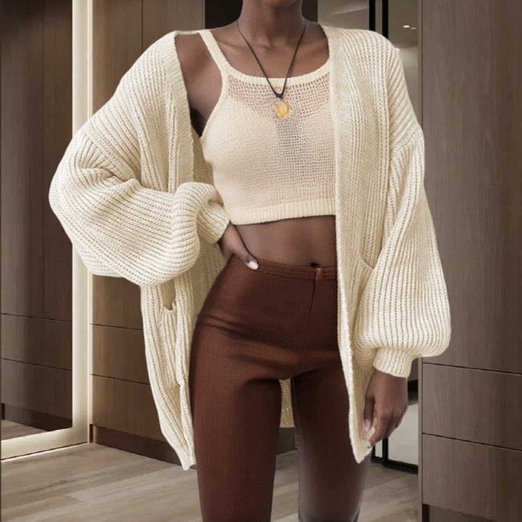Ladies Large Knit Cardigan with Wide Sleeves and Practical Pockets Lune London
