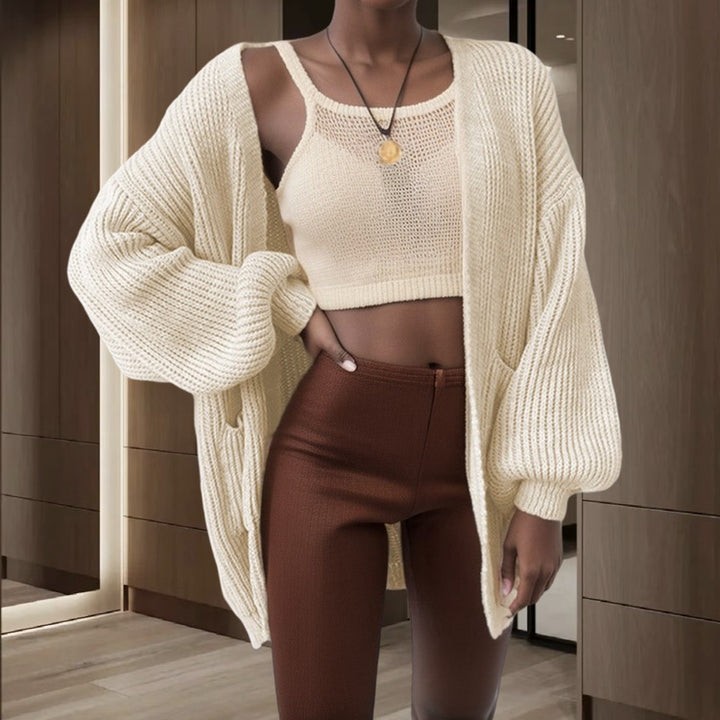 Ladies Large Knit Cardigan with Wide Sleeves and Practical Pockets Lune London