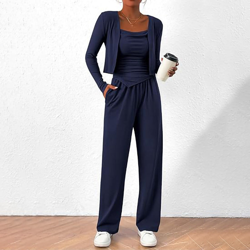 Women Comfortable Jumpsuit with Sleeveless Blouse and Open Cardigan Lune London